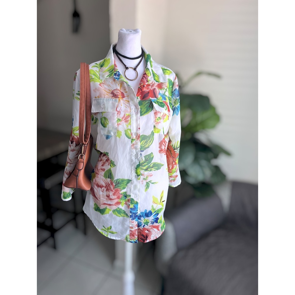 Ambiance Apparel Large Floral Button-Down Sheer Blouse